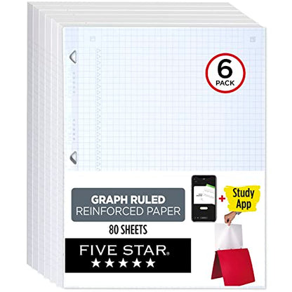 Five Star Loose Leaf Paper + Study App, 6 Pack, Notebook Paper, Graph Ruled Paper, 8-1/2" x 11", 80 Sheets per Pack, Reinforced Filler Paper, Fights Ink Bleed (170028) - size: 6 Pack, style: 80 Sheets