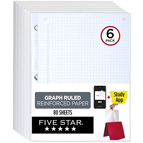 Five Star Loose Leaf Paper + Study App, 6 Pack, Notebook Paper, Graph Ruled Paper, 8-1/2" x 11", 80 Sheets per Pack, Reinforced Filler Paper, Fights Ink Bleed (170028) - size: 6 Pack, style: 80 Sheets