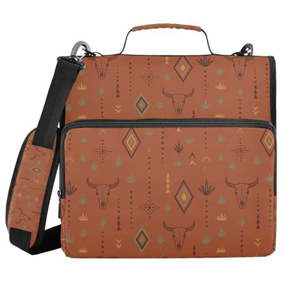 Western Bull Boho Terracotta Organizer Binder with Handle Multi-Pocket 1.5 Inch 3 Rings Pencil Case Portfolio Binder Office Files Organizer - color: Western Bull Boho Terracotta