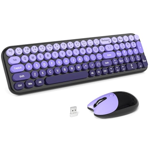 Wireless Keyboards Mouse Combos, 2.4G USB Cordless Keyboard Mouse Set with Colorful Round Retro Keycaps, Cute Typewriter Full-Size Keyboard for PC Laptop Desktop Computer Home Office-Black Purple - color: Black Purple-1