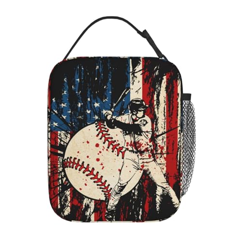 Baseball Stitches American Flag Insulated Lunch Bag, Baseball Sport Lunch Box Tote Cooler Reusable Lunch Pail Adjustable Shoulder Strap and Side Pocket Outdoors Meal Bag For Women - color: Baseball American Flag