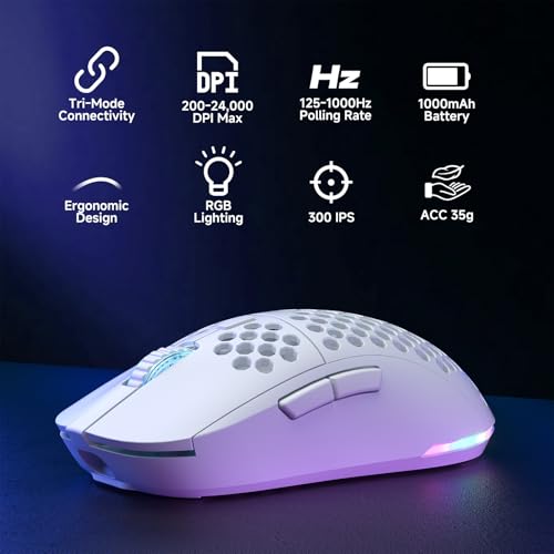 DIERYA M1 Wireless Gaming Mouse, 24000DPI, 180Hrs Battery, 16.8M RGB, 6 Programmable Buttons, Lightweight, Tri-Mode (2.4G/BT5.2/USB-C) for PC/Mac/Laptop - White - color: White