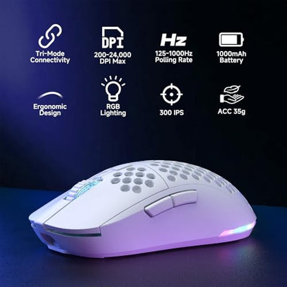 DIERYA M1 Wireless Gaming Mouse, 24000DPI, 180Hrs Battery, 16.8M RGB, 6 Programmable Buttons, Lightweight, Tri-Mode (2.4G/BT5.2/USB-C) for PC/Mac/Laptop - White - color: White