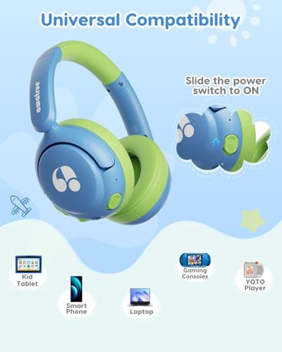 awatrue Kids Bluetooth Headphones, 85dB Volume Limiter, Foldable Wireless Over-Ear Headphones for iPad, Travel, 75H Playtime, Bluetooth 5.4, Built-in Mic, Blue Green - color: Blue-Green
