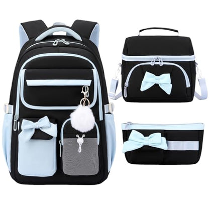 Girls School Backpack with Lunch Box Pencil Case Set, Cute Middle School Bag Teen Girls Backpack Bookbag for Kids, 3pcs Black Blue - color: 3pcs Black-blue