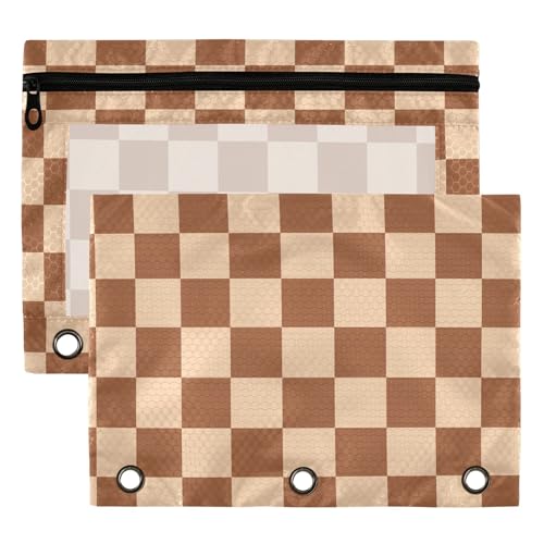Saddlebrown Buffalo Plaid Binder Pouches 3 Ring for Boys Girls School Office College Supplies Brown Chessboard Wheat Pencil Pouches Case Bag with Clear Window and Zipper 2 Pack - color: Saddlebrown