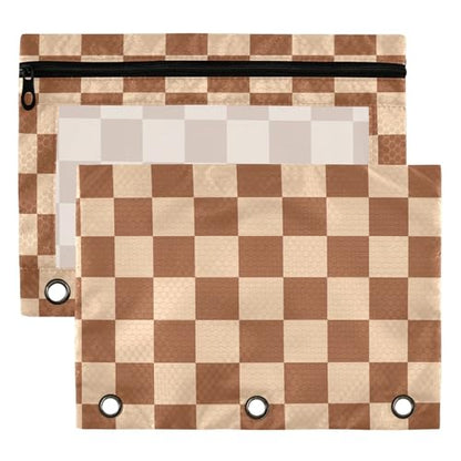 Saddlebrown Buffalo Plaid Binder Pouches 3 Ring for Boys Girls School Office College Supplies Brown Chessboard Wheat Pencil Pouches Case Bag with Clear Window and Zipper 2 Pack - color: Saddlebrown