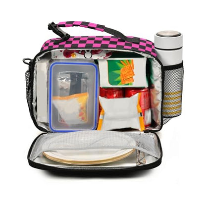 Custom Student Lunch Bag for Boys Girls Hot Pink and Black Checkered Personalized Lunch Box With Name Insulated Cooler Bag for School Picnic Travel - color: Multi14