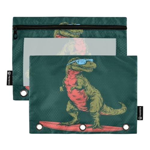 Binder Pouches,Dinosaur Surfer Pencil Pouch for 3 Ring Binder 2 Pack Clear Pencil Bag with Zipper for Office School Supplies - color: Multicolored 11