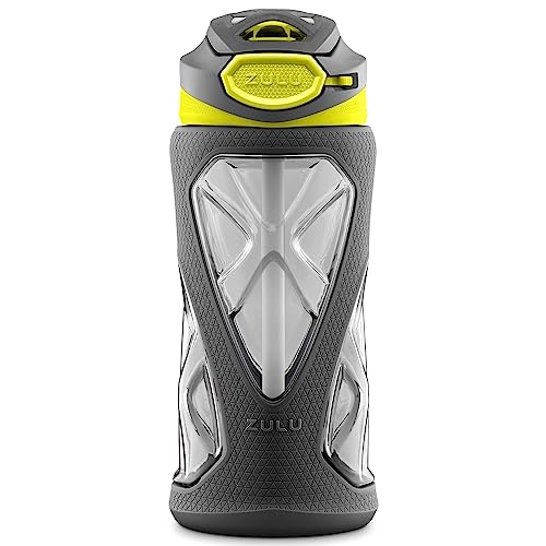 ZULU Torque 16oz Plastic Kids Water Bottle with Silicone Sleeve and Leak-Proof Locking Flip Lid, Soft Touch Carry Loop for School Backpack, Lunchbox, BPA-Free Dishwasher Safe - color: Grey/Green, style: Single