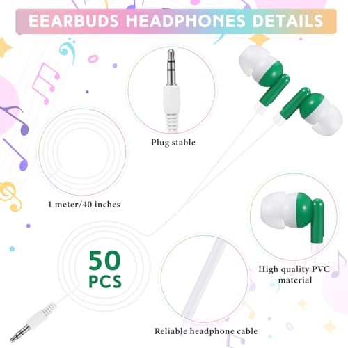 50 Pack Earbud Bulk Headphone for Classroom Earphone Earbud with Wire Individually Bagged Wired in Ear Buds(Green) - color: Green