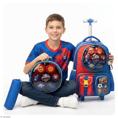 Meetbelify Kids Rolling Backpack with Wheels for Boys Rolling Backpacks with Lunch Box for Elementary School Students 3 in 1 Travel Luggage Suitcase for Boys Age 8-10 - color: Football Blue Red