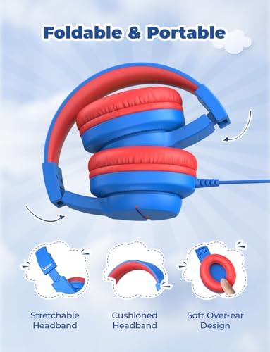 iClever Kids Headphones for School Travel, Safe Volume Limited, HD Mic Stereo Sound Over-Ear Girls Boys Headphones for Kid, FunShare Foldable 3.5mm Wired for iPad Computer, HS19 - color: Blue