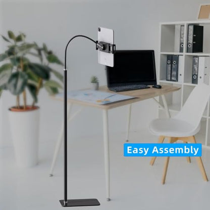 Tablet Floor Stand Holder with Flexible Gooseneck and Stable Base, Compatible with Tablet and Cell Phones (3.5''-9.7''), Black - color: Black