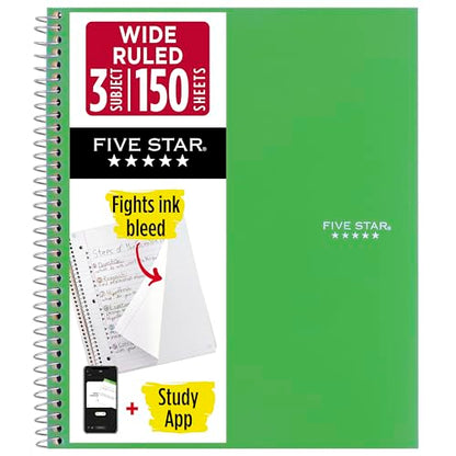 Five Star Spiral Notebook + Study App, 3 Subject, Wide Ruled Paper, 8" x 10-1/2", 150 Sheets, Fights Ink Bleed, Water Resistant Cover, Forest Green (73176) - color: Green, size: 8" x 10-1/2" (Pack of 1)