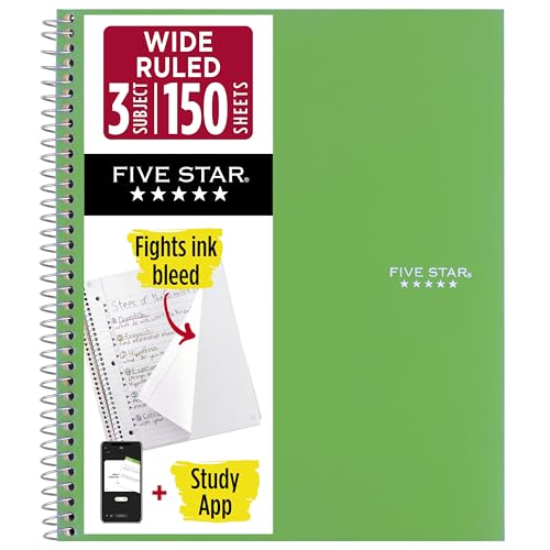 Five Star Spiral Notebook + Study App, 3 Subject, Wide Ruled Paper, 8" x 10-1/2", 150 Sheets, Fights Ink Bleed, Water Resistant Cover, Forest Green (73176) - color: Green, size: 8" x 10-1/2" (Pack of 1)