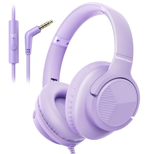Botesty Sound Headphones Wired with Microphone, Over Ear Foldable 3.5mm Plug in Headphones with 4.9ft Tangle-Free Nylon Cord for Tablet, Laptop, MP3/4, School, Airplane Travel (Purple) - color: Purple