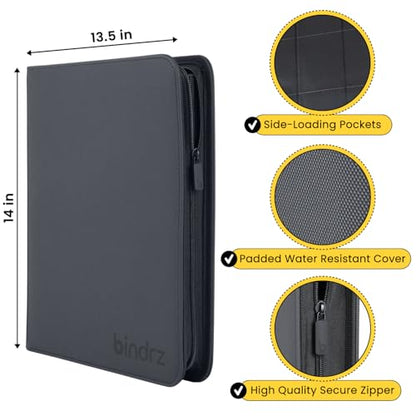 bindrz 12 Pocket Zipper Binder for 480 Sleeved Trading Cards - Side Loading Pockets Album - Archival Safe Material and Compatible with TCG MTG and Sports Collectibles (Black) - color: Black
