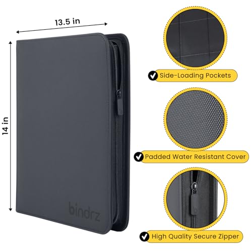 bindrz 12 Pocket Zipper Binder for 480 Sleeved Trading Cards (Black) | Side Loading Pockets Album, Archival Safe Material, Compatible with TCG MTG and Sports Collectibles - color: Black