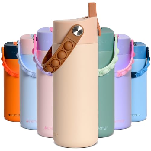 Elemental Insulated Kids Water Bottle, Stainless Steel Water Bottle with Straw Lid & Pop-It Handle, Leak-Proof Water Bottles for School, Boys or Girls, Travelling and Sports, 18oz - Beige - color: Beige