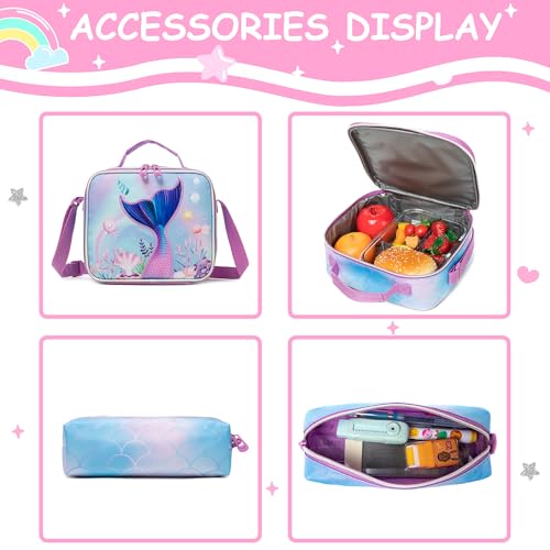 Mermaid Rolling Backpack for Kids 8-12 Girls Rolling Backpack Kids Trolley School Bag with Wheels Travel Backpacks Carry on Luggage for Girls with Lunch Box Pencil Case - color: Mermaid Purple