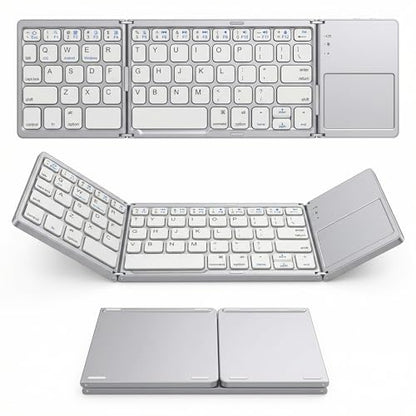 Bluetooth Foldable Keyboard with Touchpad, Tri-Fold Wireless Foldable Keyboard for iPad, Phone, Tablet, Auto Reconnect Portable Wireless Keyboard for Travel, Slim Magnetic Folding Keyboard Bluetooth - size: Silver With Touchpad