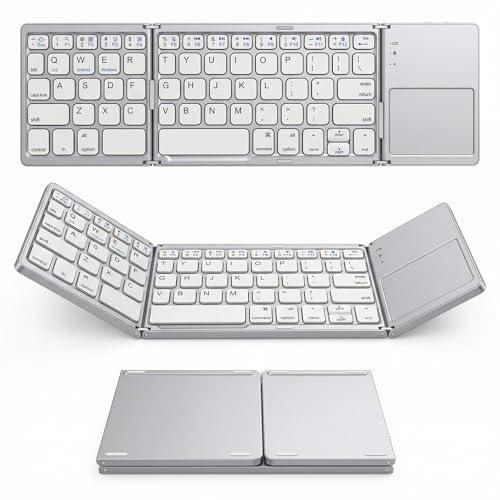 Bluetooth Foldable Keyboard with Touchpad, Tri-Fold Wireless Foldable Keyboard for iPad, Phone, Tablet, Auto Reconnect Portable Wireless Keyboard for Travel, Slim Magnetic Folding Keyboard Bluetooth - size: Silver With Touchpad