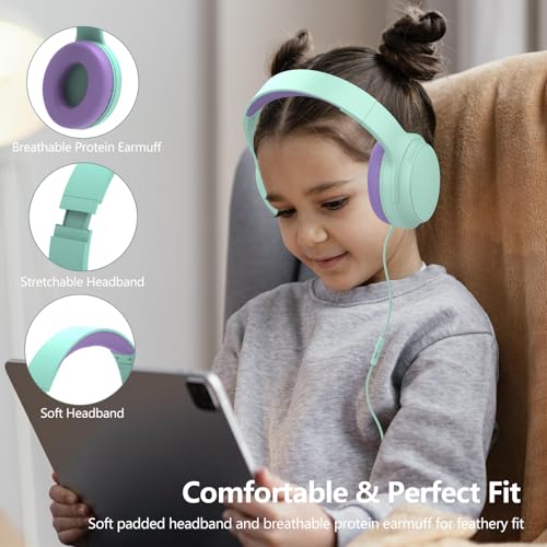 Kids Headphones Wired,Wired Headphones for Kids Over Ear with Microphone,85/94dB Volume Limiter Headphone for Kids Boys Girls Teens Children,3.5mm Wired Foldable Headphone for School/Tablet (Green) - color: Green