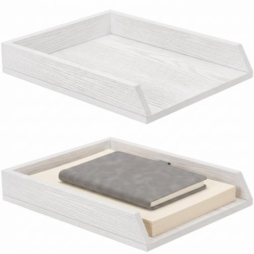 DoubleFill 2 Pcs Wooden Letter Trays 2 Tier Desktop Paper Organizer Wood Letter-Size Desk Document Tray Heavy Duty Stackable Paper Drawer Holder File Folder Back to School Office Home (White) - color: White