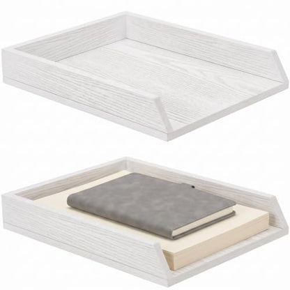 DoubleFill 2 Pcs Wooden Letter Trays 2 Tier Desktop Paper Organizer Wood Letter-Size Desk Document Tray Heavy Duty Stackable Paper Drawer Holder File Folder Back to School Office Home (White) - color: White