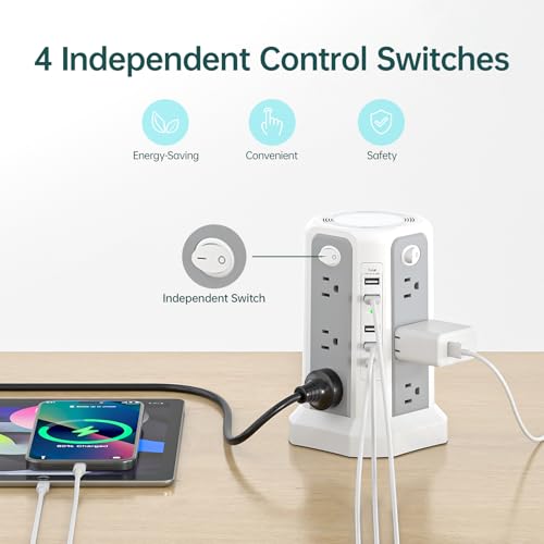 PASSUS Surge Protector Power Strip with USB C Port,10FT Extension Cord with 12 AC Outlets, Power Strips with Surge Protection for Home Office DormRoom - style: Gray White-2PC-4A1C