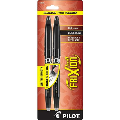 Pilot, FriXion Ball Erasable & Refillable Gel Ink Pens, Fine Point 0.7 mm, Pack of 2, Black