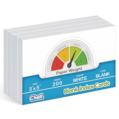 Chell 200 Count 3x5 Inch Heavyweight Blank Index Cards, Unlined, White | No Bleed-Through, Double Side Unlined, Made of 74 lb. Cover Weight Paper - size: 3"x5"