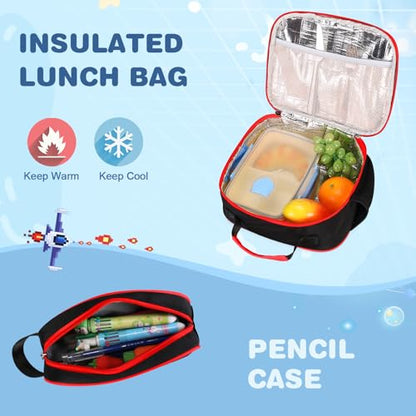 Bevalsa Kids Backpack for Boys with Bento Lunch Box, Insulated Bag & Utensils, 43oz Lunch Containers with 6 Compartment, Gamer Backpack School Bags for Elementary Middle School Student (Red Blue) - color: Red Blue
