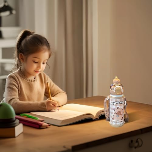 Capybara Water Bottle with Lid & Straw 520ml Stainless Steel Cute Water Bottle Portable Drinking Cup with Cup Sleeve and Strap for Office School Travel Girls.