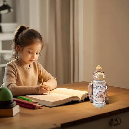 Capybara Water Bottle with Lid & Straw 520ml Stainless Steel Cute Water Bottle Portable Drinking Cup with Cup Sleeve and Strap for Office School Travel Girls.