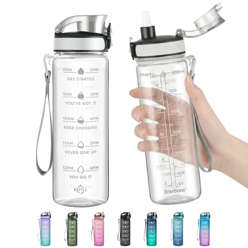 Enerbone Water Bottle, Leakproof BPA & Toxic Free, Motivational Water Bottle with Times to Drink and Straw, Fitness Sports Water Bottle with Strap for Office, Gym, Outdoor Sports - color: Crystal, size: 24 Ounces