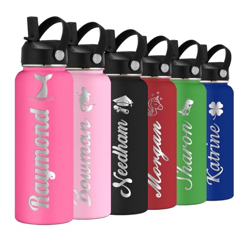 Personalized Water Bottle with Straw Lid for School,Custom Engraved Insulated Stainless Steel Sports Water Bottle with Name for Girls Boys Women Men(24oz/32oz/40oz,12 Colors) - color: Deep Pink, style: Cartoon