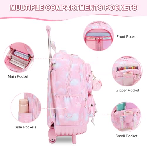 Scothen Rolling Backpack for Girls, 3PCS Roller School Backpacks for Girls with Lunch Bag and Pencil Pouch, Kids Bookbag Schoolbag with Wheels for Teen Girl Kindergarten Elementary Middle School - color: Pink