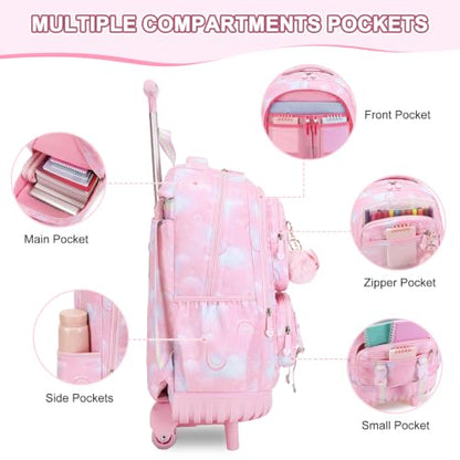 Scothen Rolling Backpack for Girls, 3PCS Roller School Backpacks for Girls with Lunch Bag and Pencil Pouch, Kids Bookbag Schoolbag with Wheels for Teen Girl Kindergarten Elementary Middle School - color: Pink