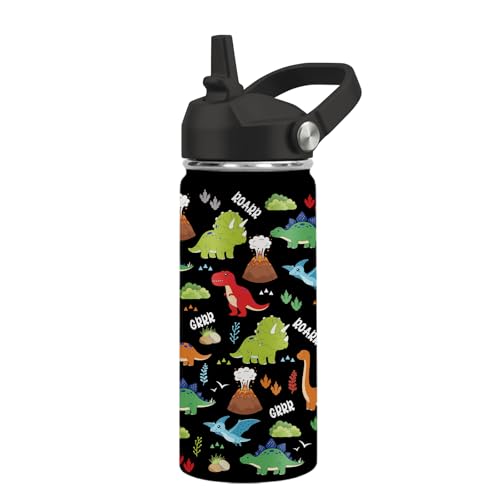 Kids Water Bottle Insulated - Dinosaur Water Bottle for Kids, 16oz Stainless Steel Insulated Water Bottles with Straw, Leakproof BPA-Free Dinosaur Water Bottles for Sports Travel - color: Dinosaur#black, size: 16 Ounces