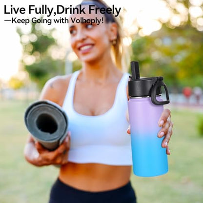 Volhoply Kids Insulated Water Bottle with Straw,16oz Stainless Steel Cold Water Bottles for School,BPA-Free Metal Wide Mouth Cups with Handle,Reusable Double Wall Vacuum Sport Flask(Lavender Blue,1) - color: Lavender Blue