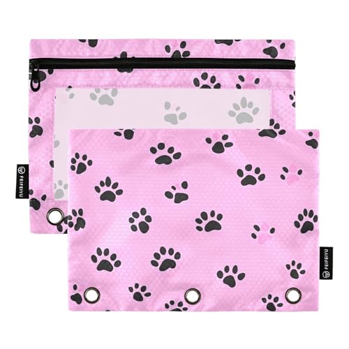 Pencil Pouch for 3 Ring Binder Black Paw Print Purple 2 Pack Clear Window Pencil Bags with Zipper Pencil Case - color: Multicolored