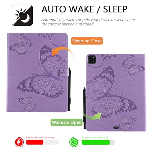 Dteck Wallet Case for iPad Air 13 Inch M2 2024 & iPad Pro 12.9 2022/2021/2020/2018 with Pencil Holder,Embossed Butterfly Auto Sleep/Wake PU Leather Smart Stand Girls Cute Folio Pocket Cover,Purple - color: 10 Purple