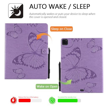 Dteck Wallet Case for iPad Air 13 Inch M2 2024 & iPad Pro 12.9 2022/2021/2020/2018 with Pencil Holder,Embossed Butterfly Auto Sleep/Wake PU Leather Smart Stand Girls Cute Folio Pocket Cover,Purple - color: 10 Purple