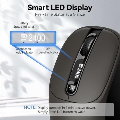 TECKNET Wireless Mouse with LED Display,Tri-Mode Bluetooth Mouse for Laptop | [BT5.2+BT5.0+2.4G] Connection, Type-C Rechargeable with Vision, Silent Click, 3-Device Switching for Laptop, iPad, MacBook