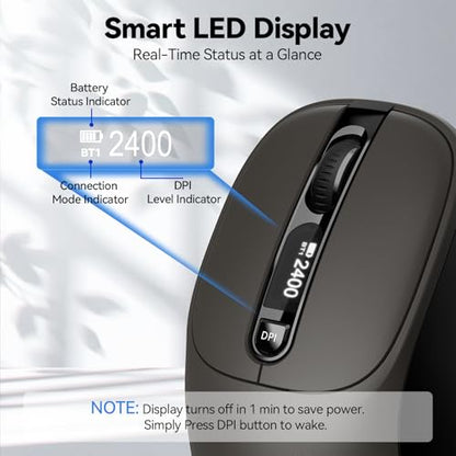 TECKNET Wireless Mouse with LED Display,Tri-Mode Bluetooth Mouse for Laptop | [BT5.2+BT5.0+2.4G] Connection, Type-C Rechargeable with Vision, Silent Click, 3-Device Switching for Laptop, iPad, MacBook