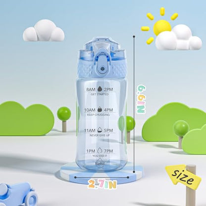 OLDLEY 12oz Kids Water Bottle, Tritan BPA-Free, Leakproof Flip Straw Lid, Motivational Time Marker, Carry Strap, Reusable Clear Water Bottle for Boys & Girls,Baby Blue - color: Baby Blue, style: 12 Ounces