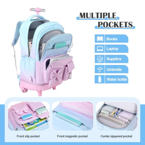 DIGOBAY Rolling Backpack for Girls, Cute Roller School Bag with Wheels, Kids Wheeled Backpacks Set with Lunch Bag Pencil Case for Teen Girls Kindergarten Elementary Middle School - color: Blue-purple
