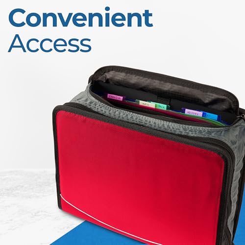 Case-it King Sized Zip Tab School Zipper Binder | 4-Inch D-Rings, 800 Sheet Capacity, 5-Subject Expanding File Folder, Multiple Pockets & Storage Organizer, Shoulder Strap|D-186 Fire Engine Red|4 Pack